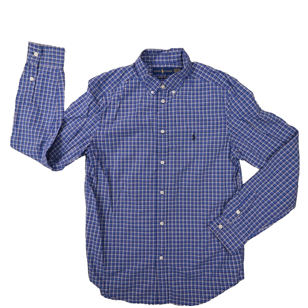 Ralph Lauren Boys Royal Blue Plaid Natural Stretch Button Up Shirt size XL 18-20